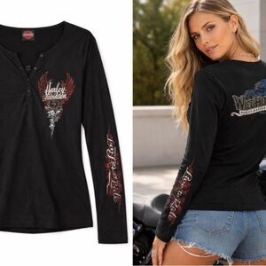 Harley-Davidson Black Long-Sleeve Graphic Henley with Red Accents